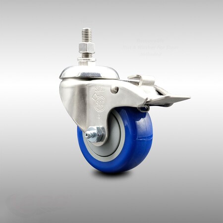 Service Caster 3.5 Inch 316SS Blue Polyurethane Swivel 10mm Stem Caster Total Lock Brake SCC-SS316TSTTL20S3514-PPUBBLUE-M1015